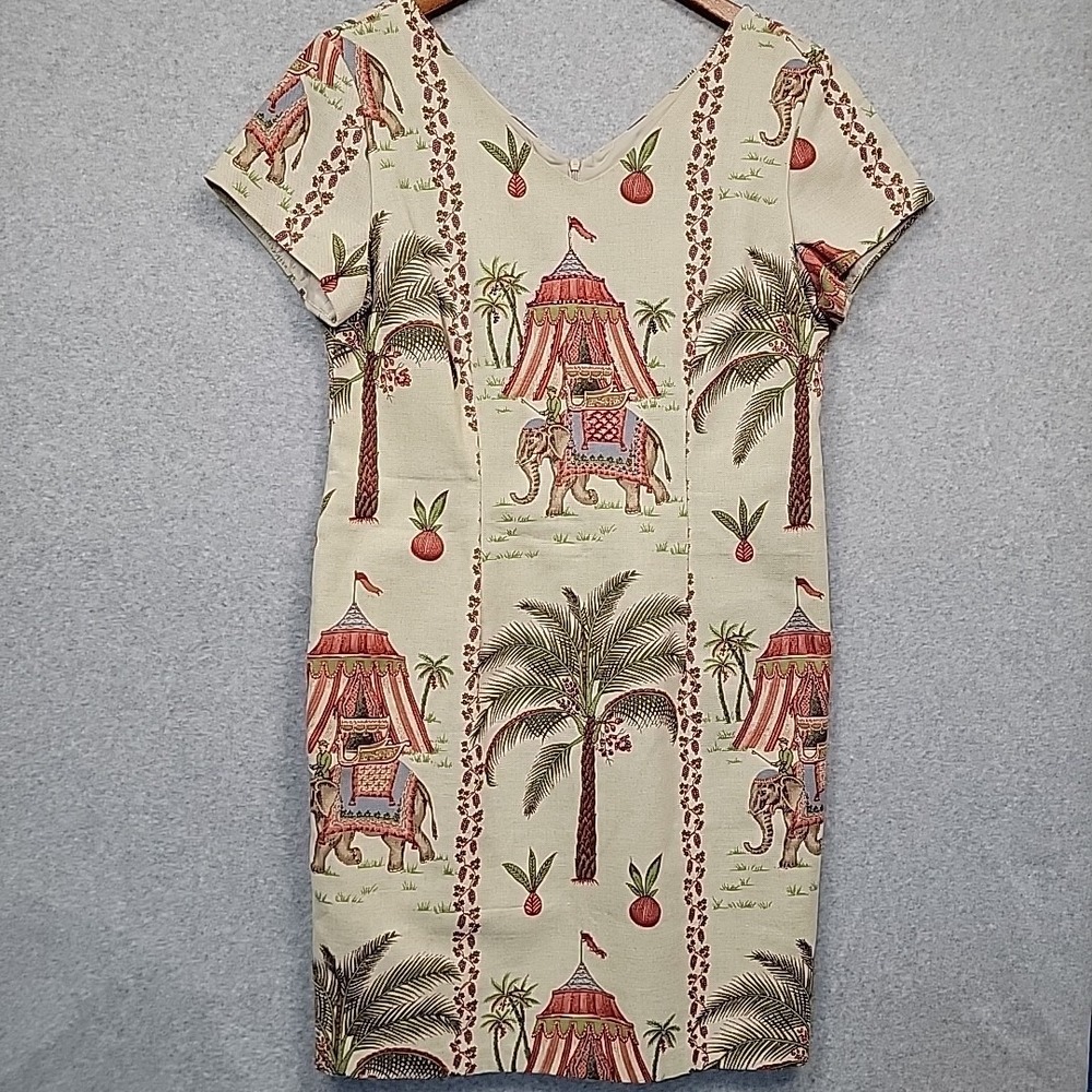 ULTRA DRESS NY Tan Multi Color Sheath Elephant India Palms Print Beaded Sz 12